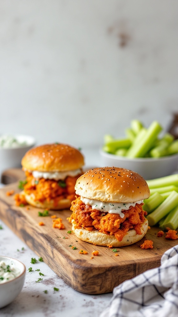 Buffalo chicken sliders with celery sticks on a wooden board