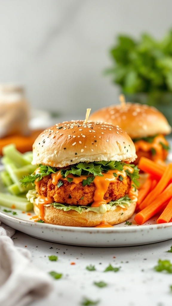 Buffalo chickpea sliders on a plate with veggies