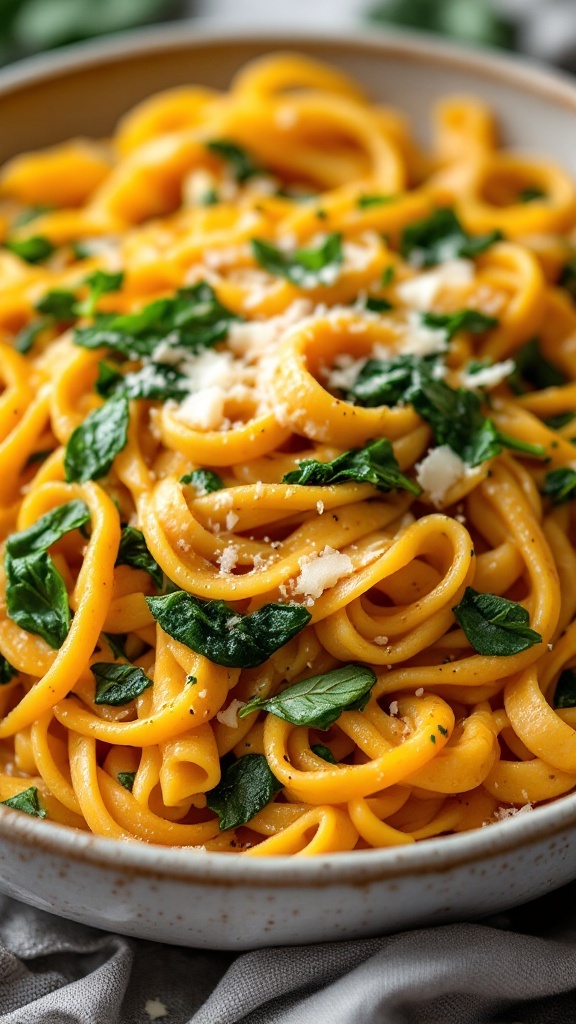 A plate of butternut squash and spinach pasta garnished with cheese.