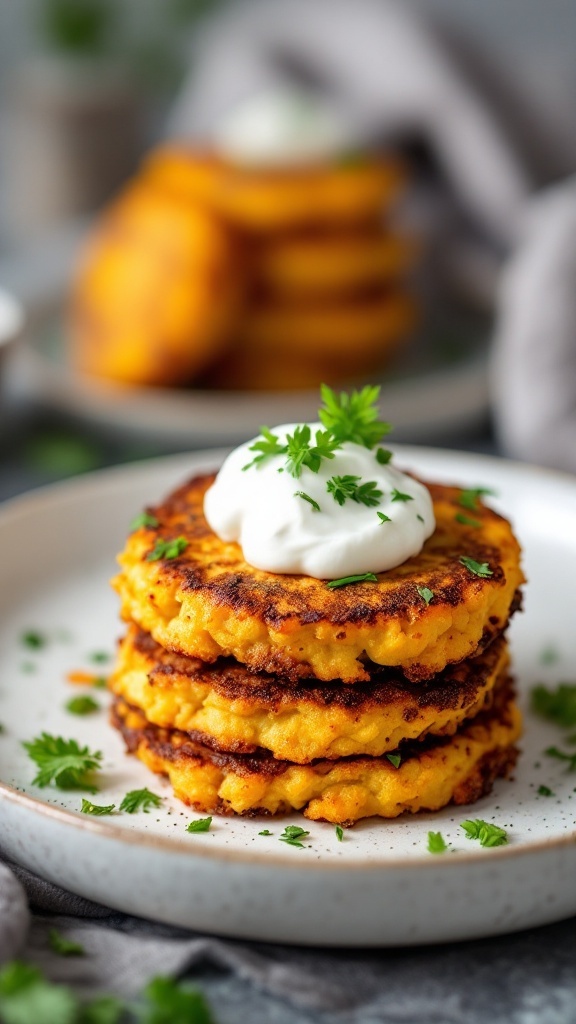 A stack of crispy butternut squash fritters topped with sour cream and garnished with parsley.