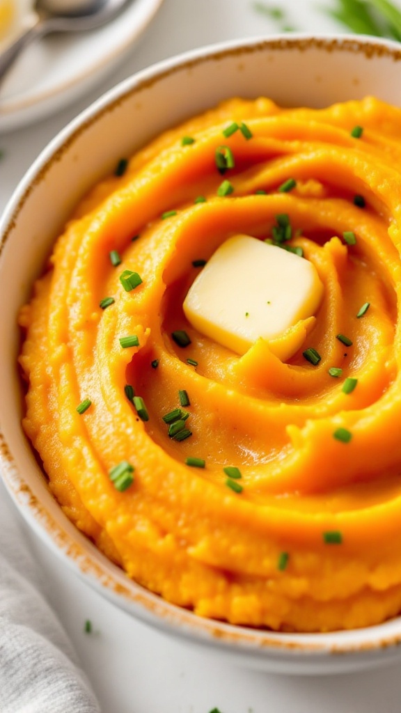 Creamy butternut squash mash topped with butter and fresh chives