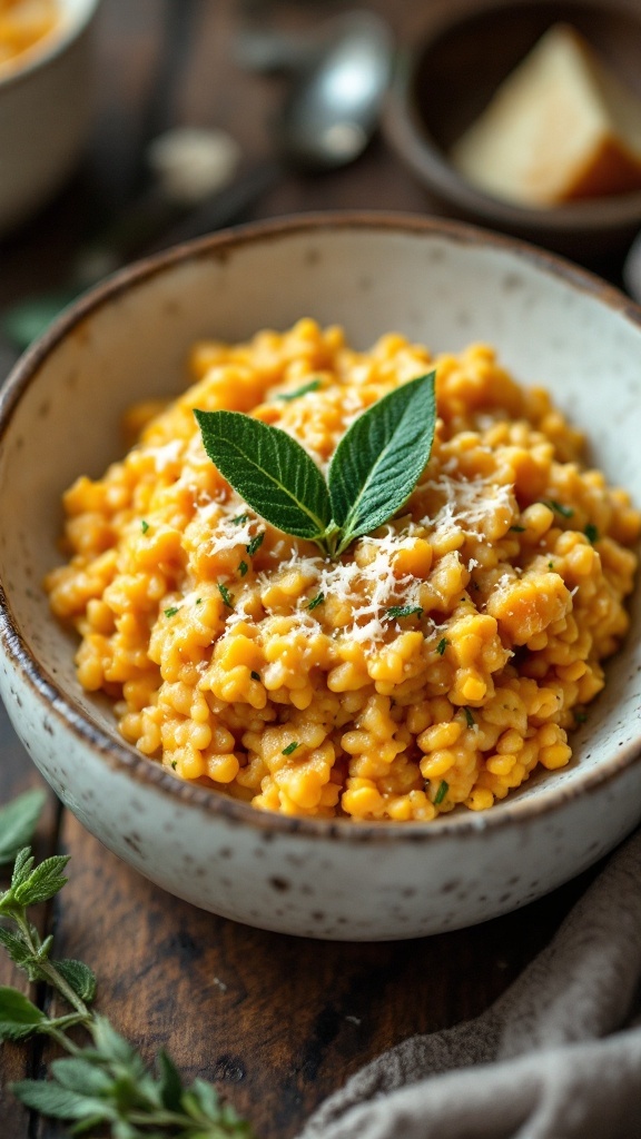 A bowl of creamy butternut squash risotto garnished with sage leaves and cheese.