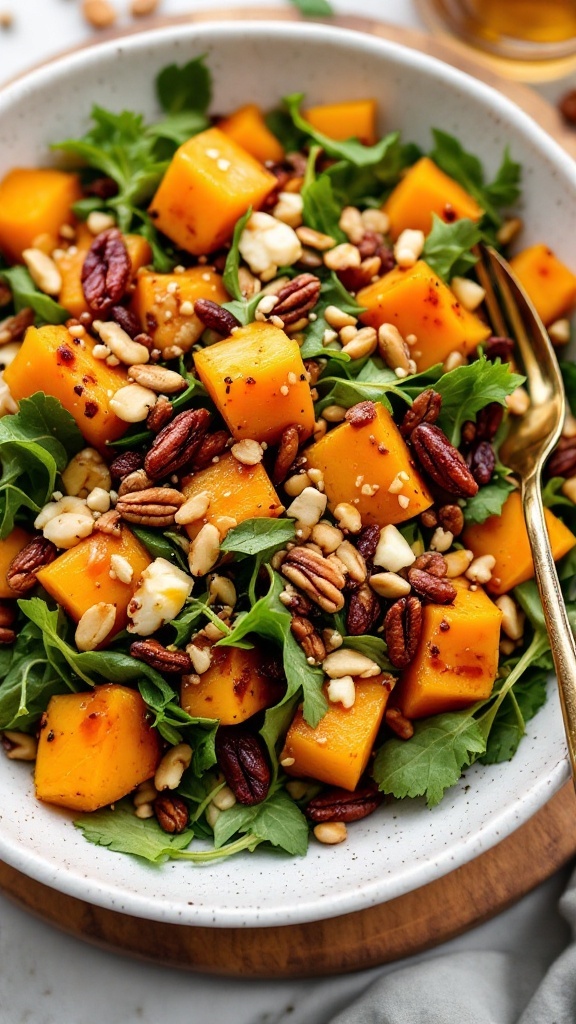 A colorful butternut squash salad with greens, nuts, and feta topped with dressing.