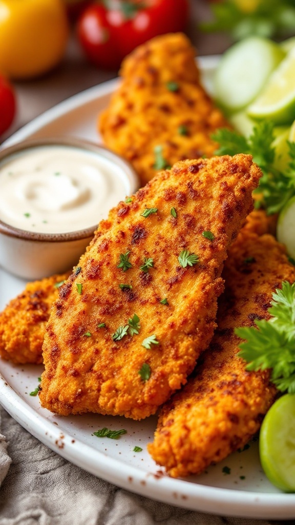 Crispy Cajun Air Fryer Chicken Tenders served with dipping sauce and fresh garnishes