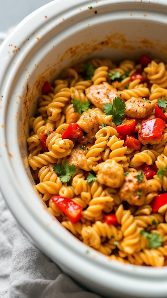 A bowl of Cajun Chicken Pasta with spiral pasta, chicken, and bell peppers