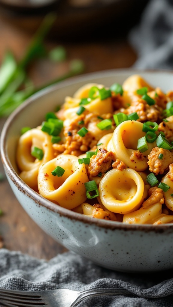 A bowl of Cajun Chicken Tortellini topped with green onions