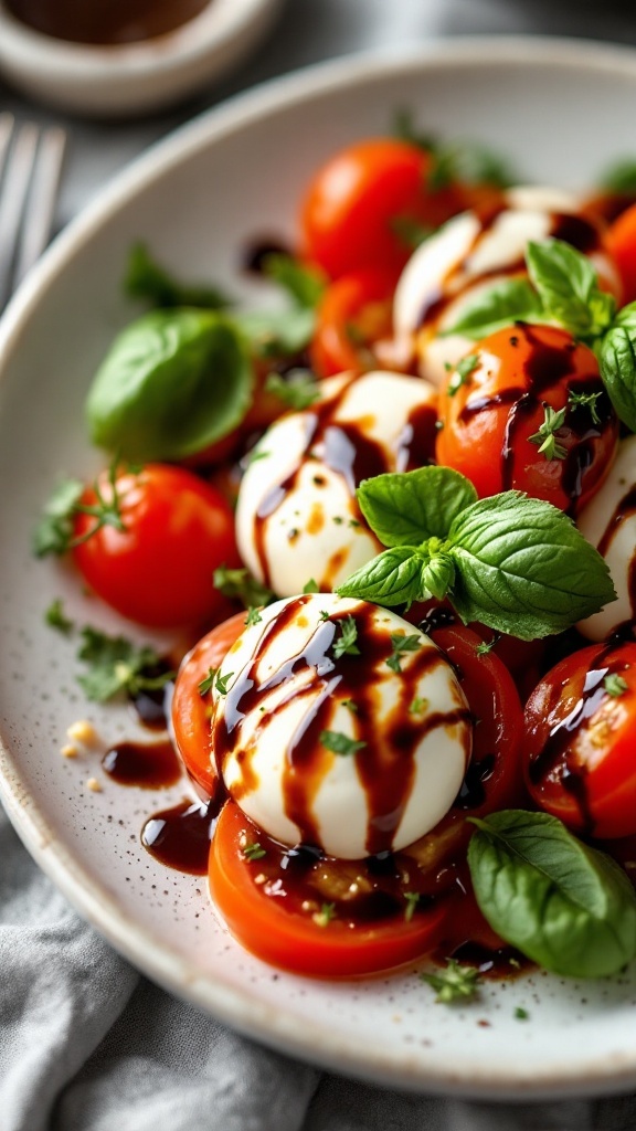 A plate of Caprese Cottage Cheese Salad with tomatoes, basil, and drizzle of balsamic reduction.