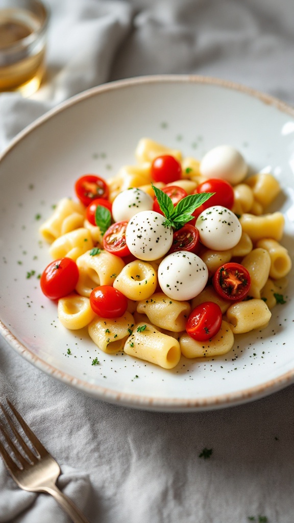 A plate of Caprese Gnocchi with cherry tomatoes, mozzarella, and fresh basil.