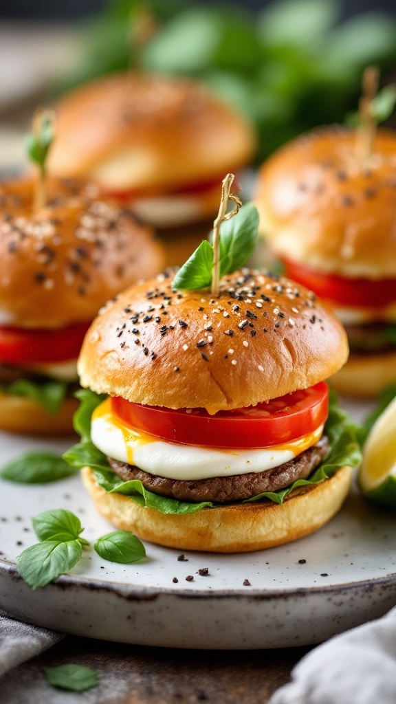 Caprese sliders with fresh basil and tomato on a platter