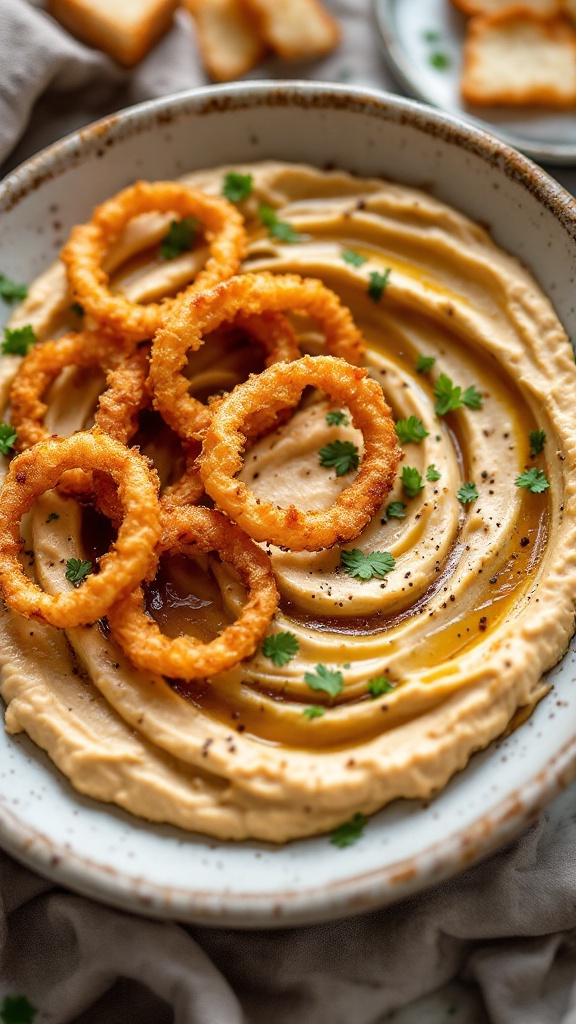 A delightful bowl of caramelized onion hummus served with pita chips and garnished with crispy onions.