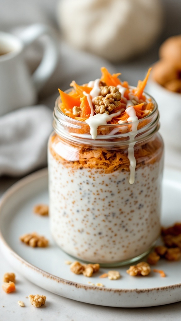 A jar of carrot cake overnight oats topped with shredded carrots and walnuts.