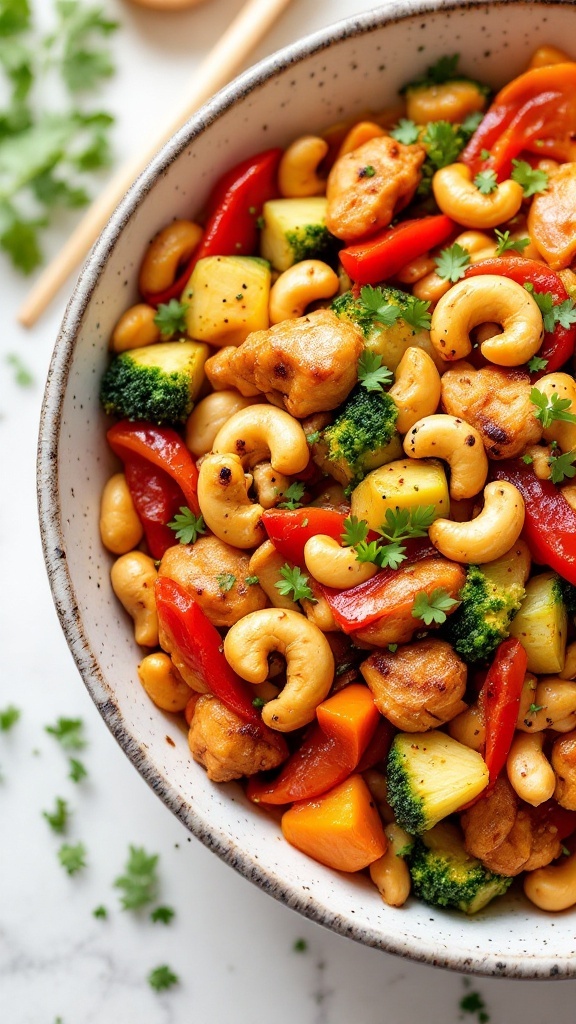 A bowl of colorful cashew chicken stir fry with vegetables and cashews.