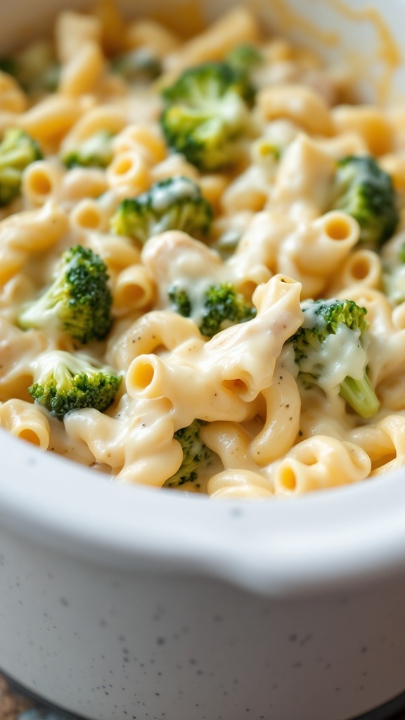 A creamy pasta dish with broccoli and chicken