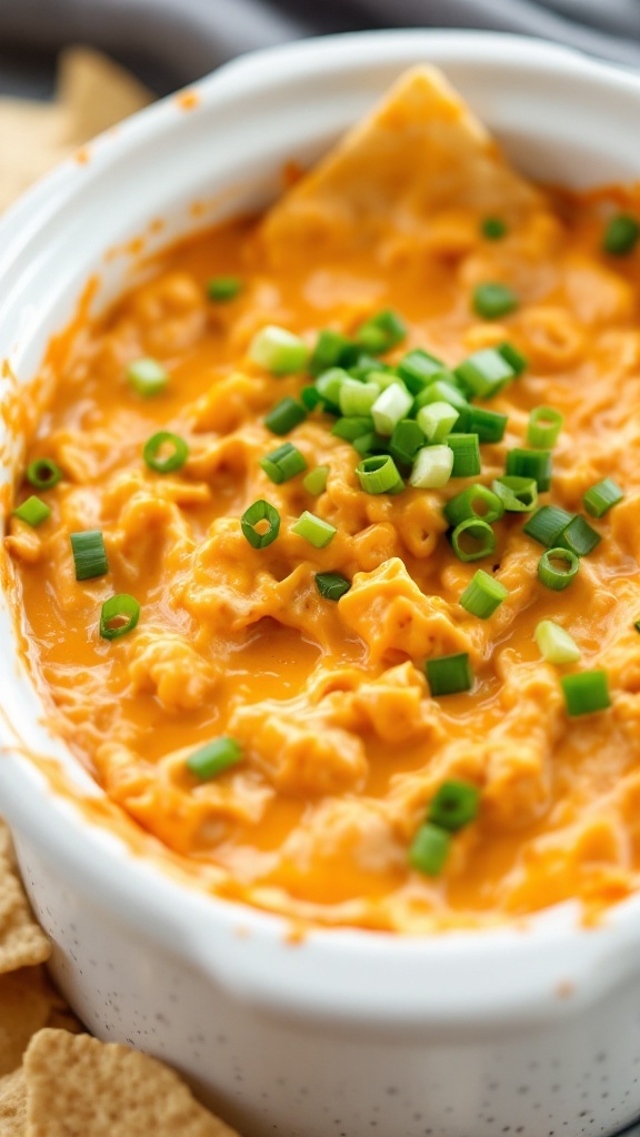 Cheesy Buffalo Chicken Dip in a white bowl topped with green onions