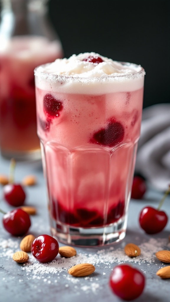 A refreshing cherry almond fizz cocktail with cherries and almonds around it.