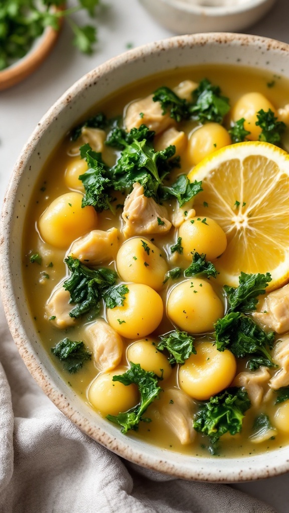 Bowl of chicken and gnocchi soup with kale and lemon slice