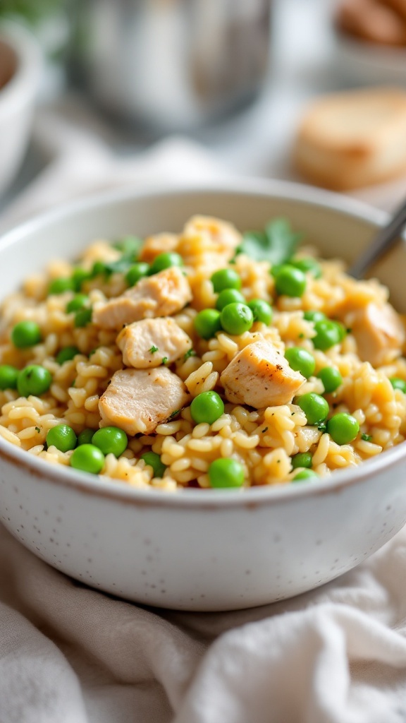 A bowl of chicken and pea risotto featuring tender chicken, green peas, and creamy Arborio rice.