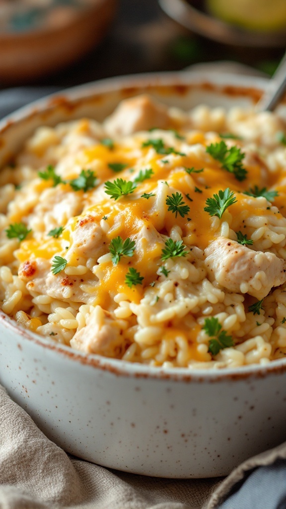 A delicious chicken and rice casserole topped with cheese and garnished with parsley.