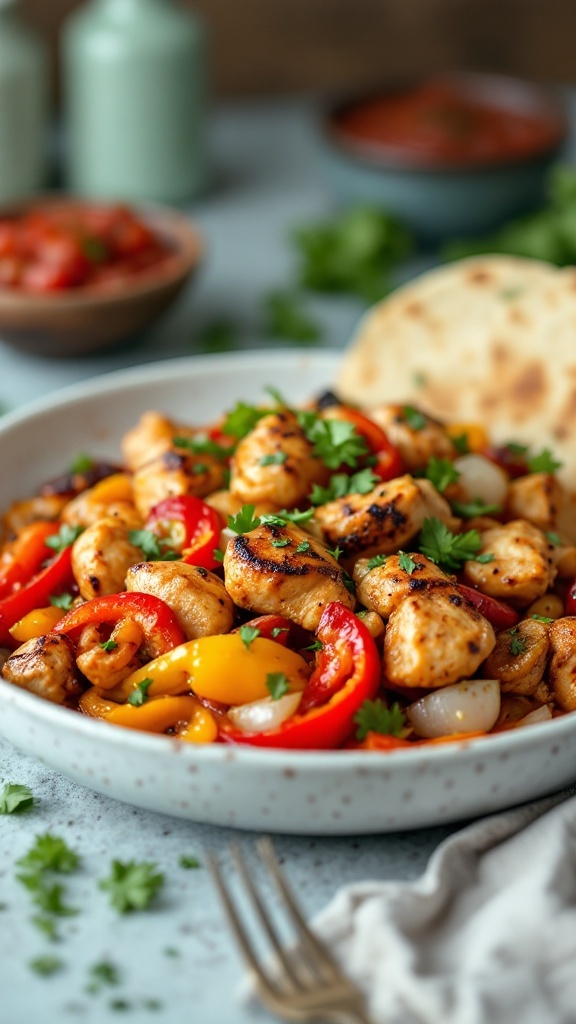 Delicious chicken fajitas with colorful peppers and tortillas.