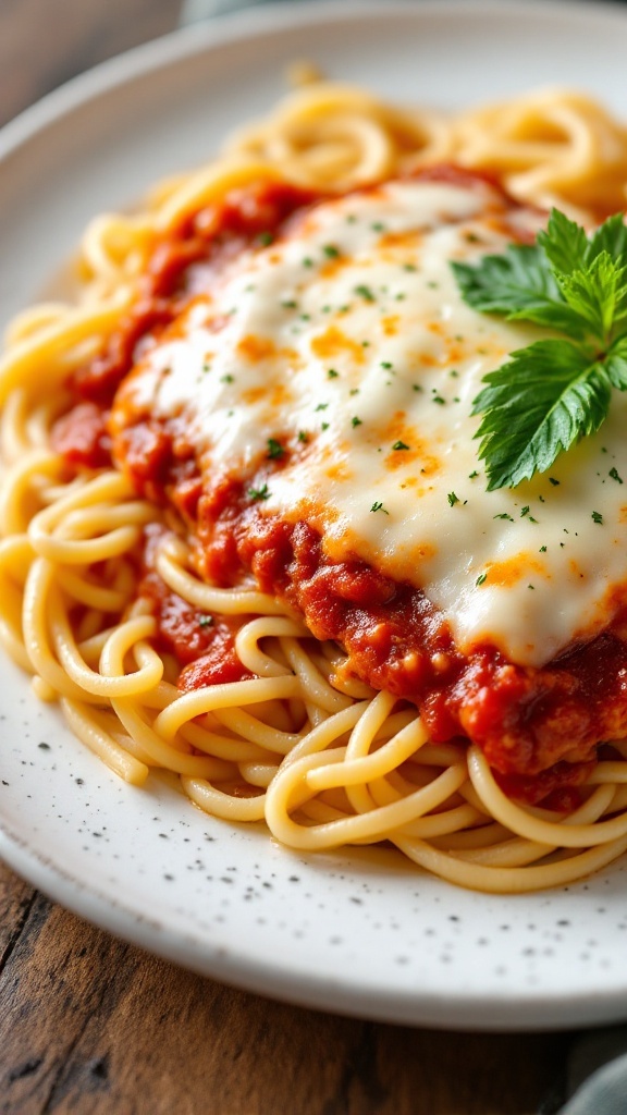 Plate of spaghetti topped with chicken parmesan and marinara sauce