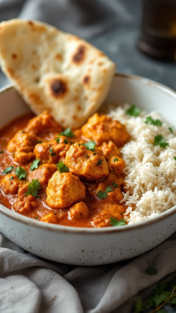 A bowl of Chicken Tikka Masala with rice and naan