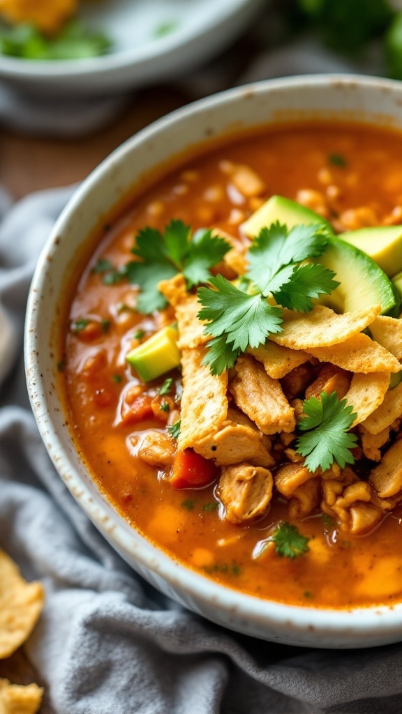 A bowl of chicken tortilla soup garnished with tortilla strips, avocado, and cilantro.