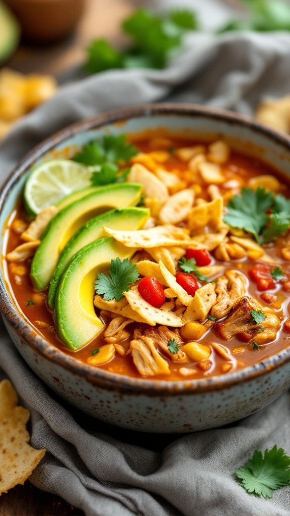 A bowl of Chicken Tortilla Soup garnished with avocado, tortilla strips, and cilantro.