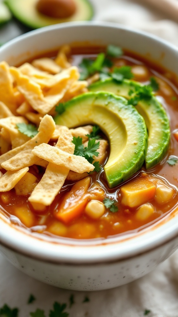 A bowl of Chicken Tortilla Soup topped with avocado slices and tortilla strips.