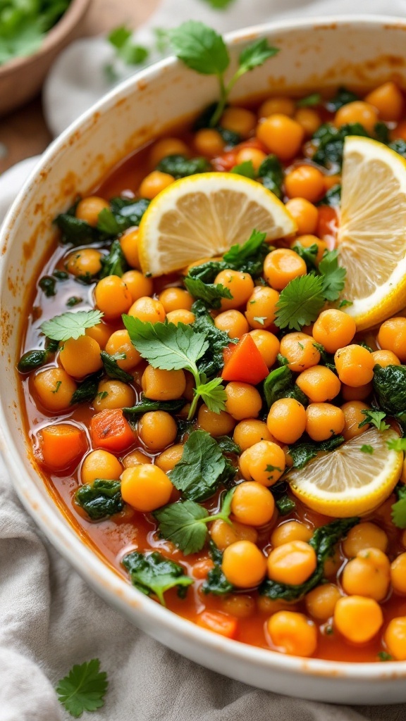 A bowl of chickpea and spinach stew with lemon slices and fresh herbs.