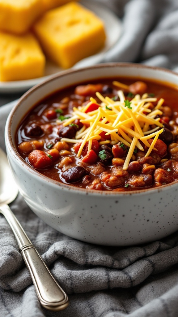 A bowl of chili con carne topped with cheese and fresh herbs, served with cornbread.