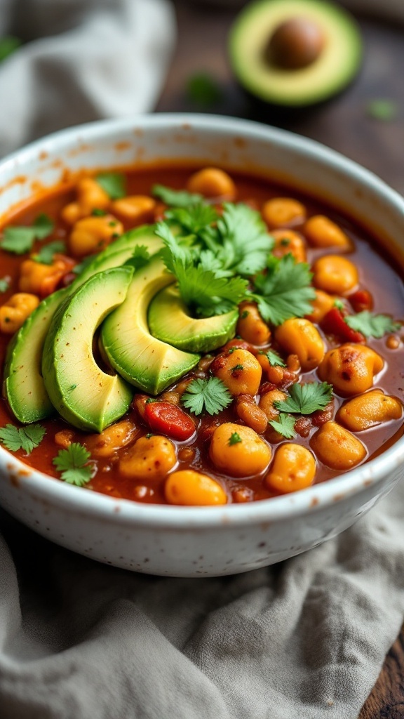 A bowl of chili gnocchi soup with avocado and cilantro on top