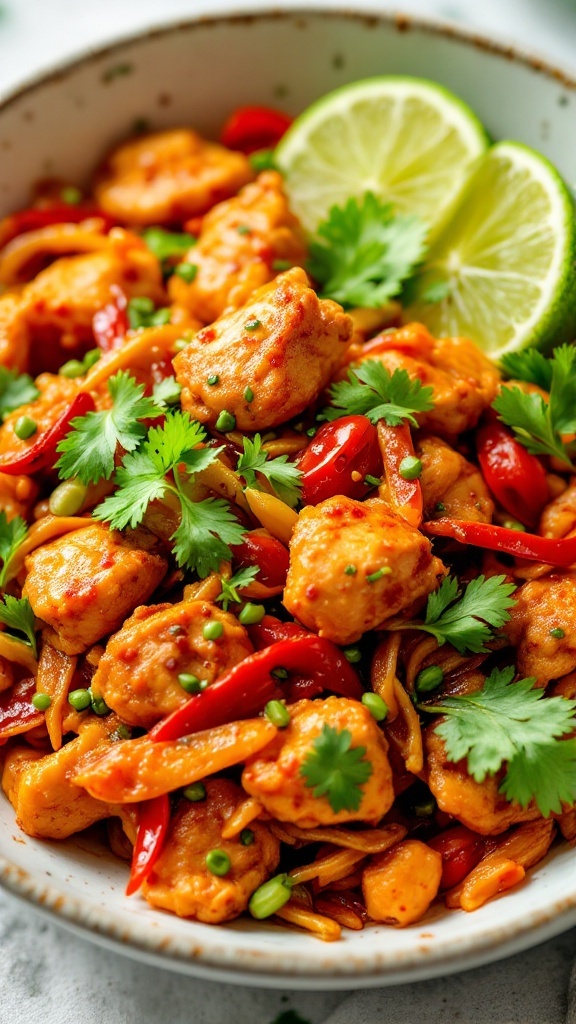 A vibrant bowl of Chili Lime Chicken Stir Fry with colorful vegetables and lime slices.