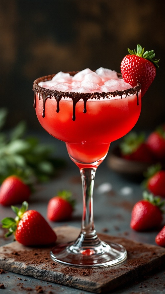 A chocolate-covered strawberry daiquiri garnished with fresh strawberries.