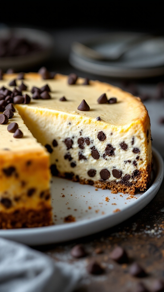 Slice of chocolate chip cottage cheese cheesecake on a plate
