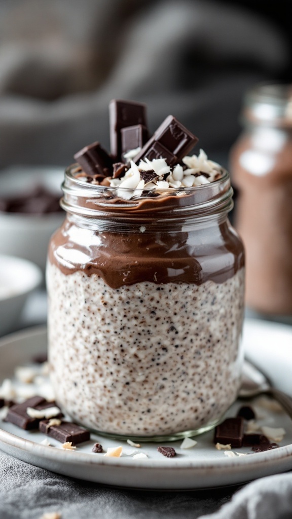 A delicious jar of chocolate coconut overnight oats topped with chocolate chunks and shredded coconut.