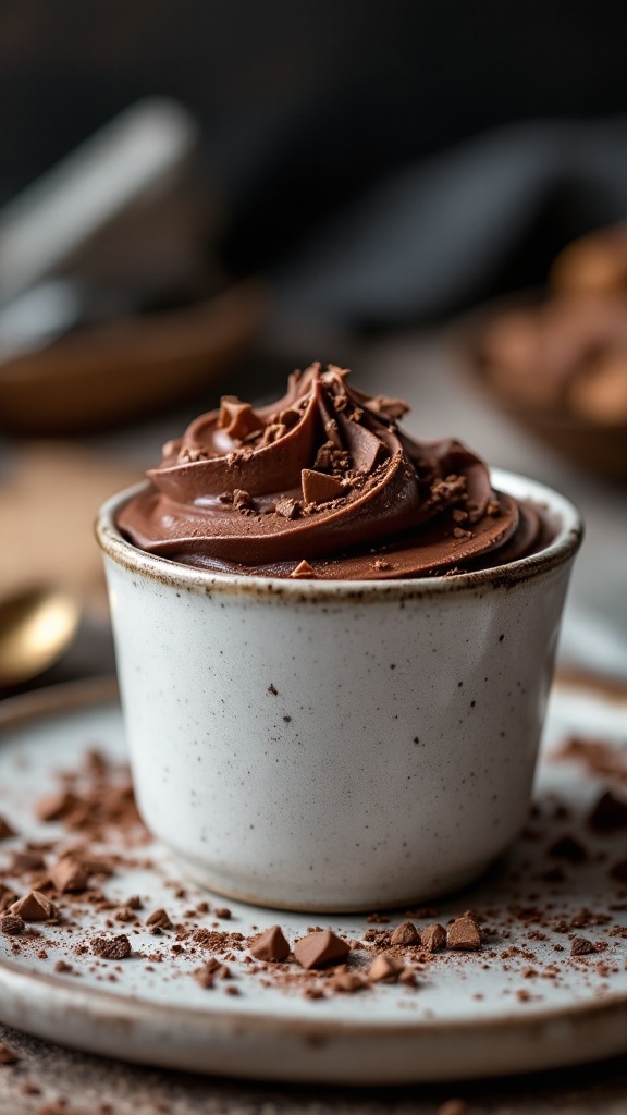 Delicious chocolate mousse in a bowl, topped with chocolate shavings.