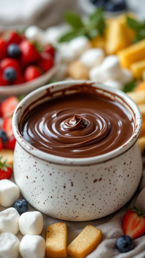 A bowl of rich chocolate fondue surrounded by fresh fruits and snacks for dipping.