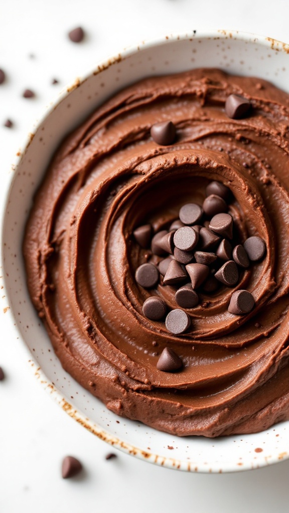 A bowl of chocolate hummus topped with chocolate chips and fruit slices.