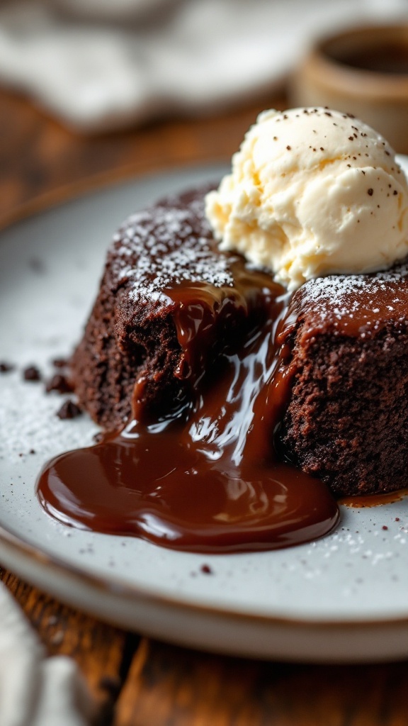 Delicious chocolate lava cake with a molten center served with ice cream.