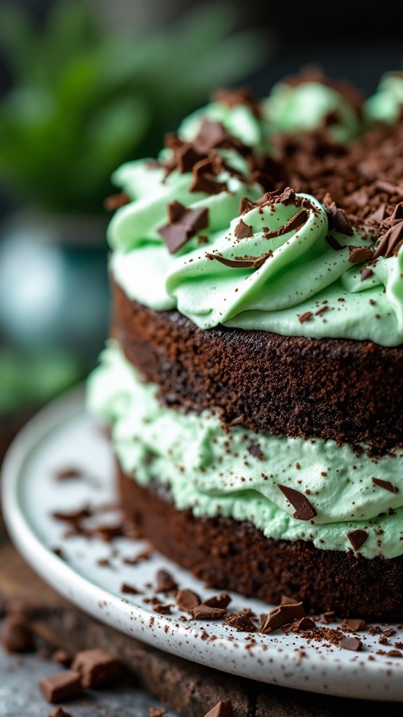 Chocolate mint cake with whipped topping and chocolate shavings