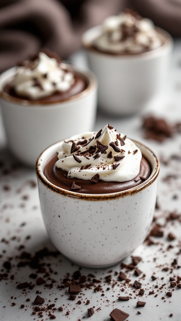 Chocolate mousse served in cups topped with whipped cream and chocolate shavings