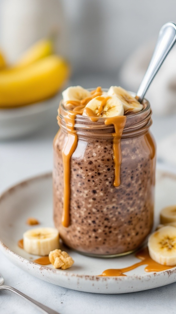 A delicious jar of chocolate peanut butter banana overnight oats topped with banana slices and drizzled with peanut butter.