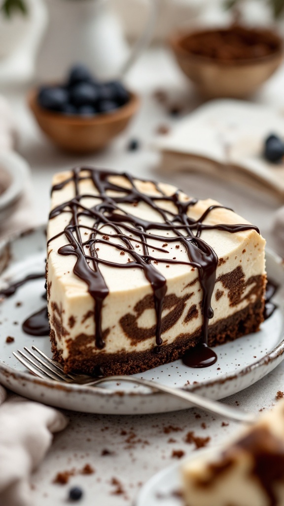 Chocolate Swirl Cottage Cheese Cheesecake slice with chocolate drizzle