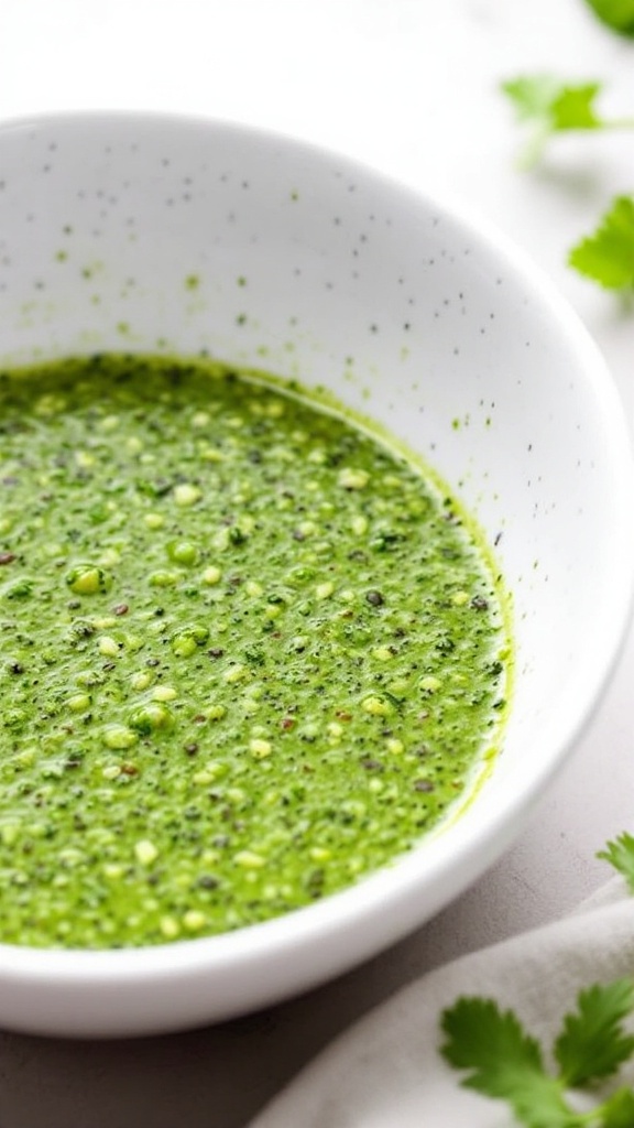 A bowl of creamy cilantro lime dressing garnished with cilantro leaves, surrounded by lime slices.