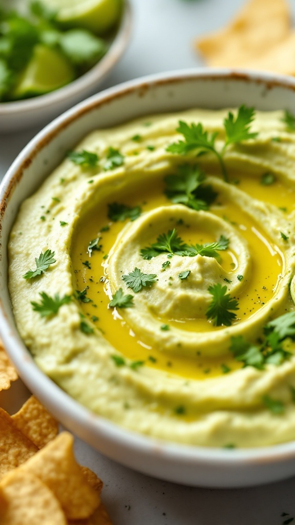 A bowl of creamy cilantro lime hummus topped with cilantro leaves and olive oil, served with chips.