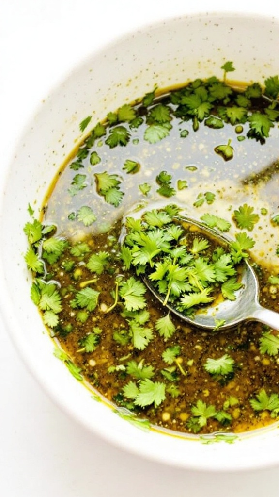 A bowl of cilantro lime marinade with fresh lime slices and cilantro.