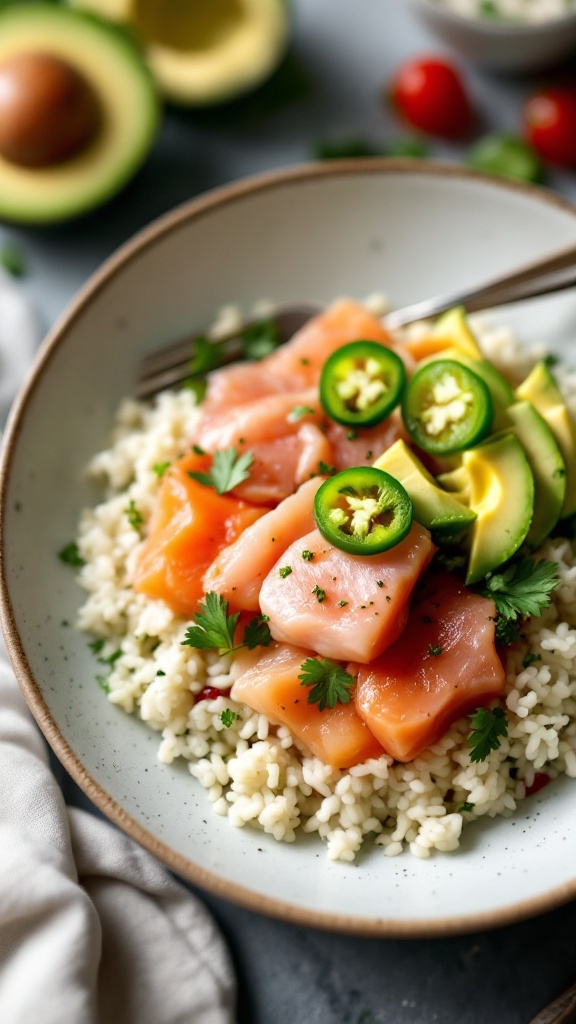 A colorful cilantro lime rice bowl with fresh fish, avocado, and jalapeños.