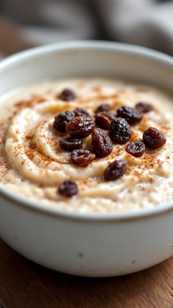 A bowl of creamy cinnamon raisin overnight oats topped with raisins.