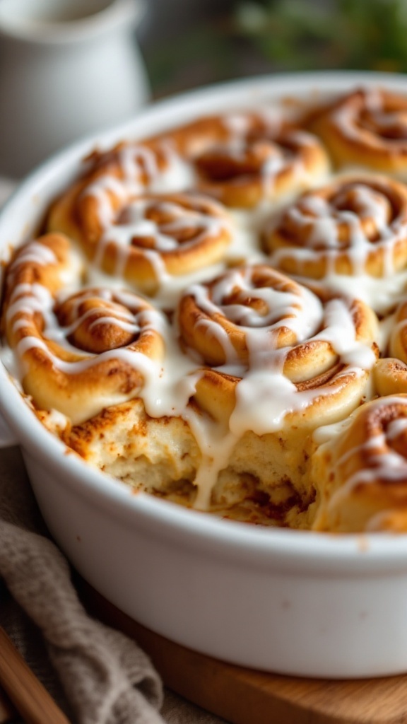 Cinnamon Roll Casserole topped with icing, served warm.