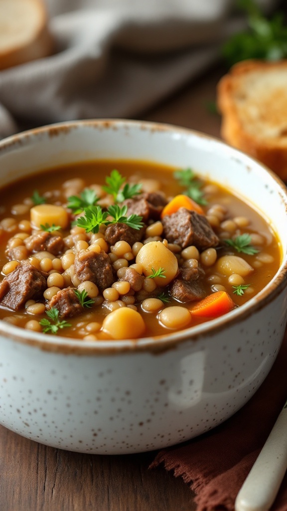 A bowl of classic beef and barley soup, garnished with parsley.